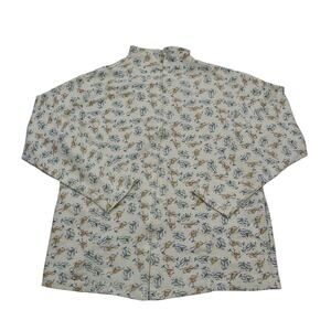 Euro Joy Shirt Womens M Ivory Long Sleeve High Neck Full Zip Print Blouse